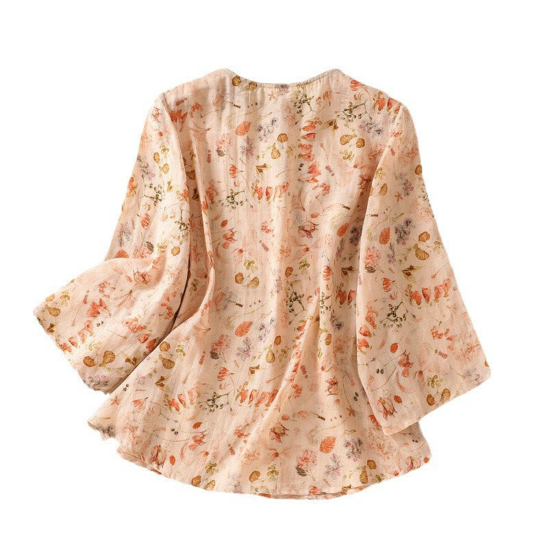 Buddha Stones Summer Casual Printing Frog-Button Design Women's Cotton Linen Long Sleeve Shirt