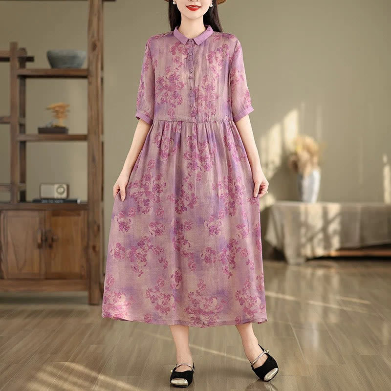 Buddha Stones Retro Printing Floral Pattern Drawstring Design Half Sleeve Cotton Midi Dress With Pockets - Magenta - US8-10,UK/AU12-14,EU40-42 (2XL) - image 12