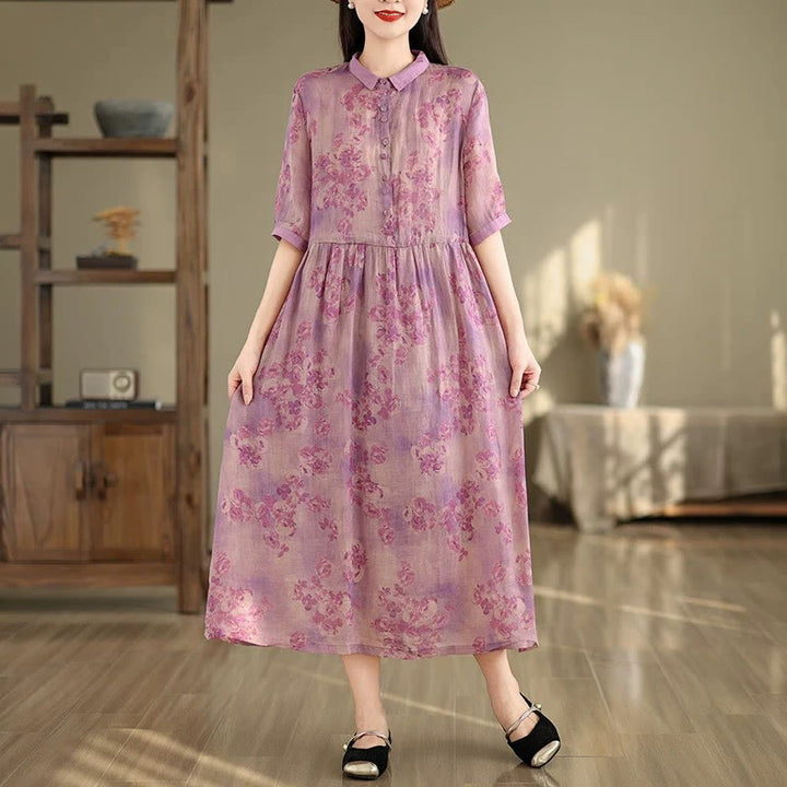 Buddha Stones Retro Printing Floral Pattern Drawstring Design Half Sleeve Cotton Midi Dress With Pockets - Magenta - US8-10,UK/AU12-14,EU40-42 (2XL) - image 12