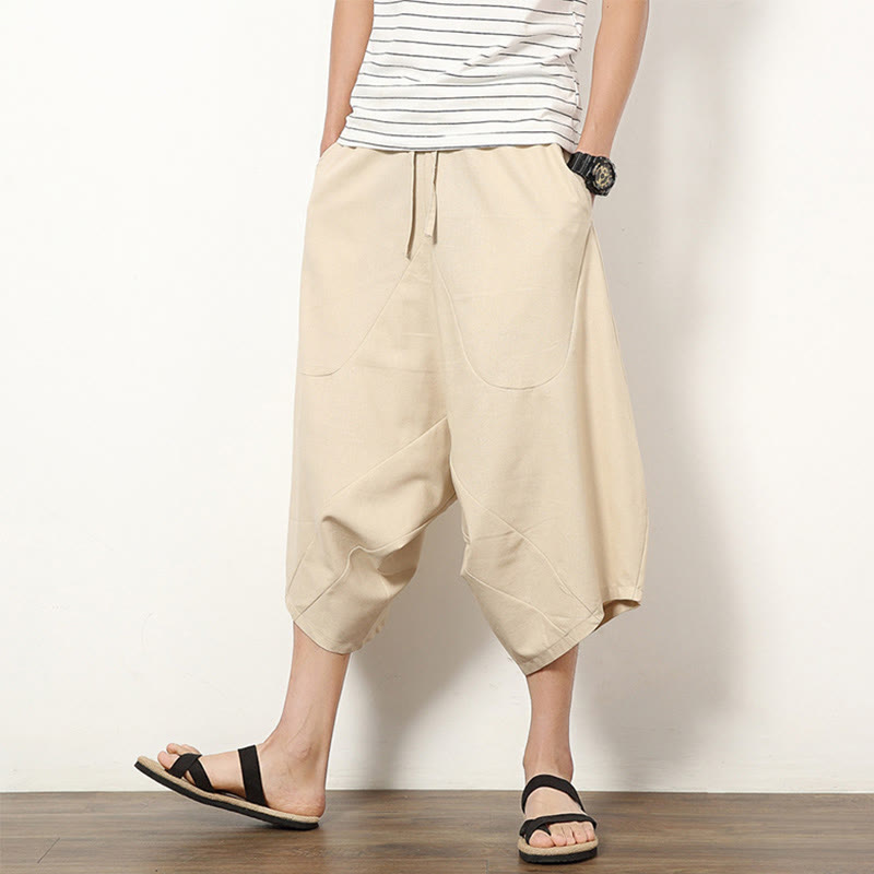 Buddha Stones Spring Plain Simple Patchwork Design Drawstring Cotton Linen Men's 7-8 Length Wide Leg Pants With Pockets - Beige - US/UK/AU46,EU56 (5XL) - image 6