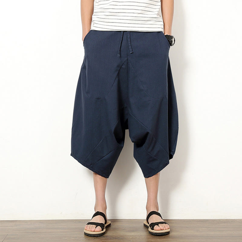 Buddha Stones Spring Plain Simple Patchwork Design Drawstring Cotton Linen Men's 7-8 Length Wide Leg Pants With Pockets - DarkSlateBlue - US/UK/AU46,EU56 (5XL) - image 0