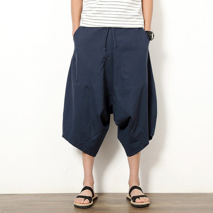 Buddha Stones Spring Plain Simple Patchwork Design Drawstring Cotton Linen Men's 7-8 Length Wide Leg Pants With Pockets - DarkSlateBlue - US/UK/AU46,EU56 (5XL) - image 0