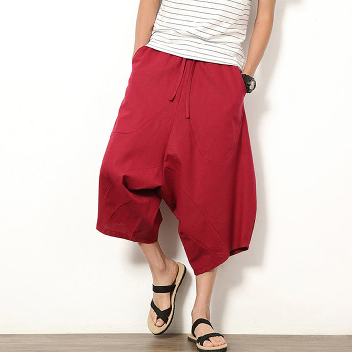 Buddha Stones Spring Plain Simple Patchwork Design Drawstring Cotton Linen Men's 7-8 Length Wide Leg Pants With Pockets - Crimson - US/UK/AU46,EU56 (5XL) - image 11