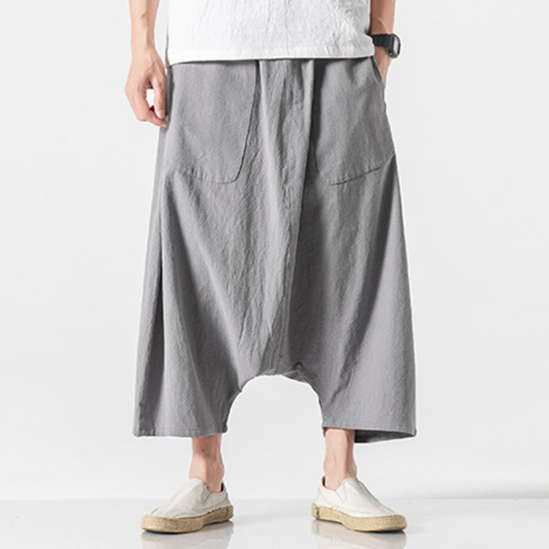 Buddha Stones Casual Low Crotch Design Drawstring Men's 7-8 Length Cotton Linen Wide Leg Pants With Pockets - Silver - US/UK/AU46,EU56 (5XL) - image 18