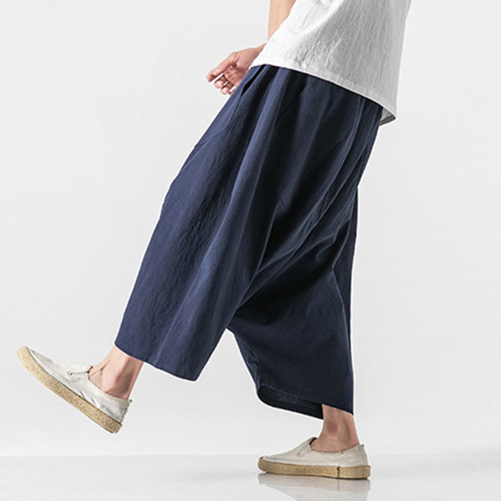 Buddha Stones Casual Low Crotch Design Drawstring Men's 7-8 Length Cotton Linen Wide Leg Pants With Pockets - DarkSlateBlue - US/UK/AU46,EU56 (5XL) - image 0