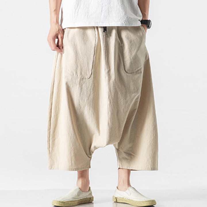 Buddha Stones Casual Low Crotch Design Drawstring Men's 7-8 Length Cotton Linen Wide Leg Pants With Pockets - Beige - US/UK/AU46,EU56 (5XL) - image 36