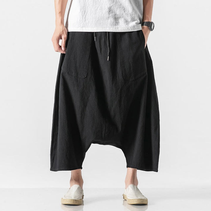 Buddha Stones Casual Low Crotch Design Drawstring Men's 7-8 Length Cotton Linen Wide Leg Pants With Pockets - Black - US/UK/AU46,EU56 (5XL) - image 29