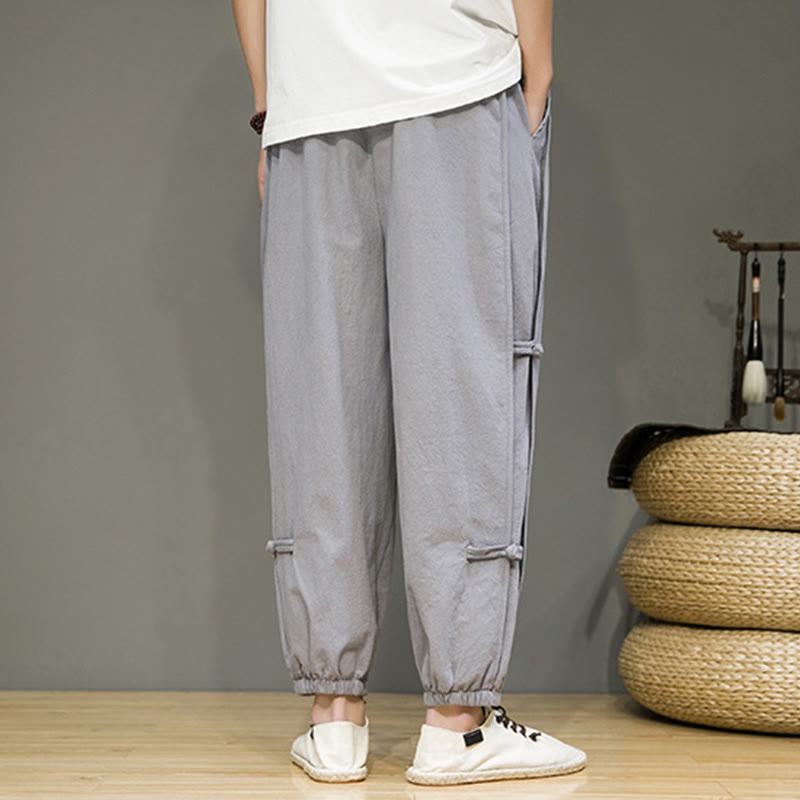 Buddha Stones Summer Vintage Drawstring Chinese Frog-Button Design Men's Cotton Linen Harem Pants With Pockets - image 21