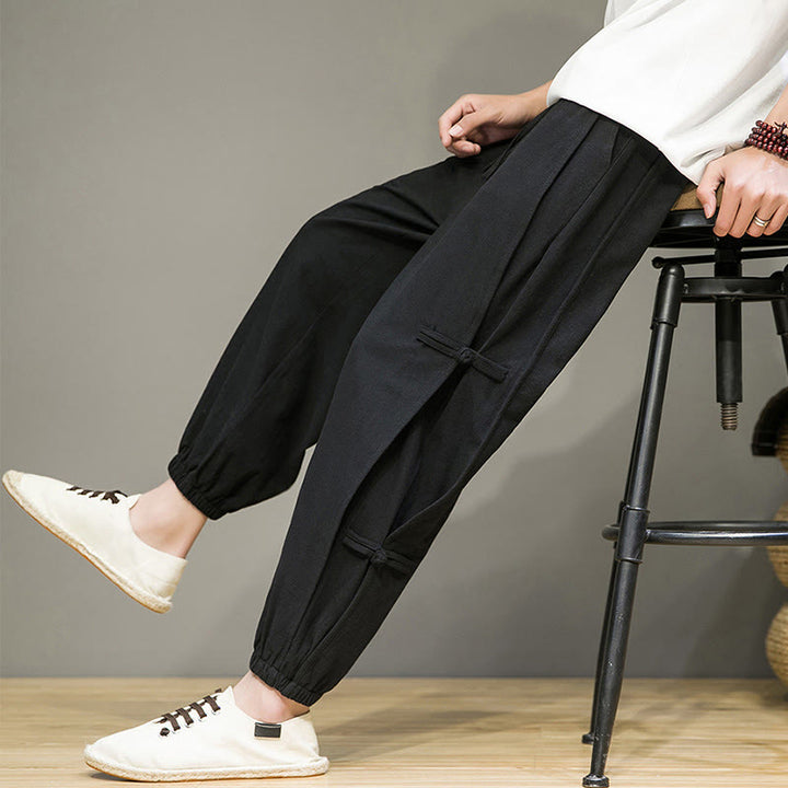 Buddha Stones Summer Vintage Drawstring Chinese Frog-Button Design Men's Cotton Linen Harem Pants With Pockets - Black - US/UK/AU46,EU56 (5XL) - image 8