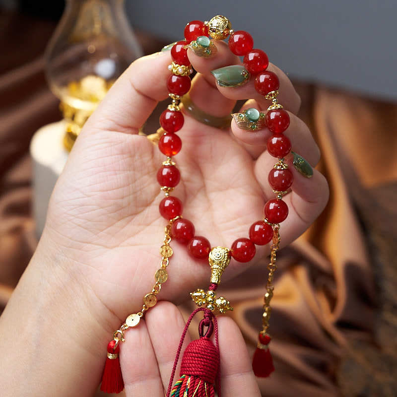 Buddha Stones 18 Beads Copper Coins Tibet Tassel Red Agate Calm Wrist Mala