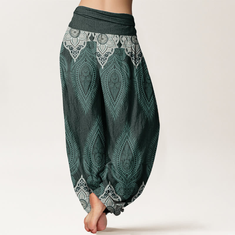 Buddha Stones Pure Cotton Casual Feather Flower Design Women's Elastic Waist Harem Pants