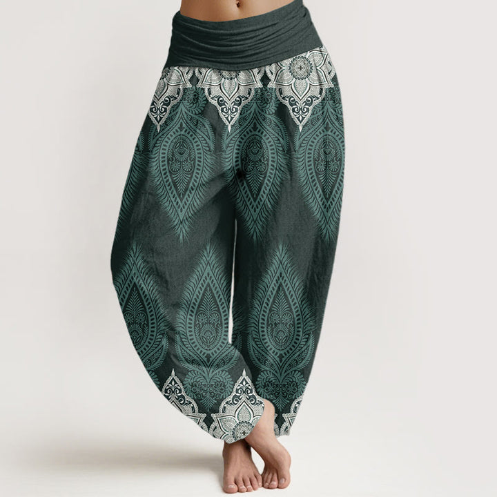 Buddha Stones Pure Cotton Casual Feather Flower Design Women's Elastic Waist Harem Pants