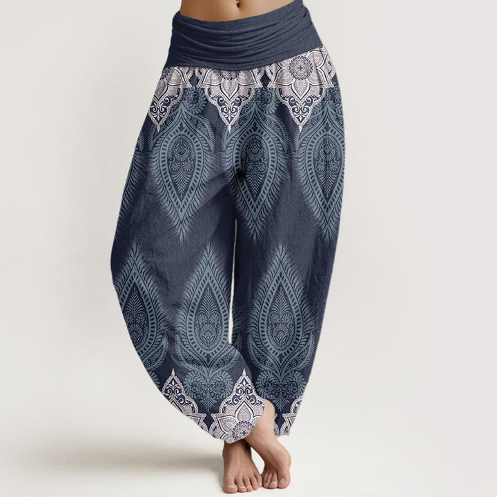 Buddha Stones Pure Cotton Casual Feather Flower Design Women's Elastic Waist Harem Pants