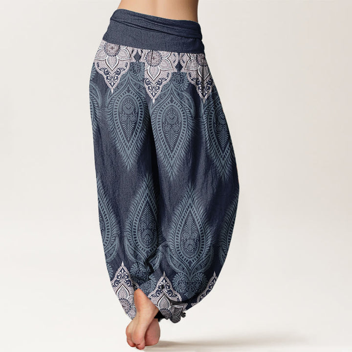 Buddha Stones Pure Cotton Casual Feather Flower Design Women's Elastic Waist Harem Pants