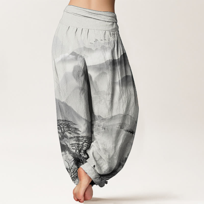 Buddha Stones Pure Cotton Mountains Trees Landscape Ink Painting Women's Elastic Waist Harem Pants