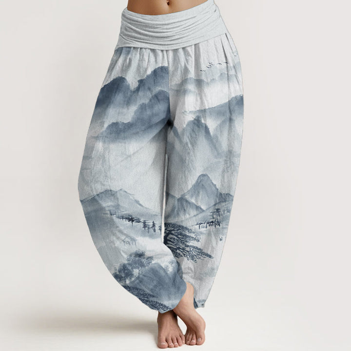 Buddha Stones Pure Cotton Mountains Trees Landscape Ink Painting Women's Elastic Waist Harem Pants