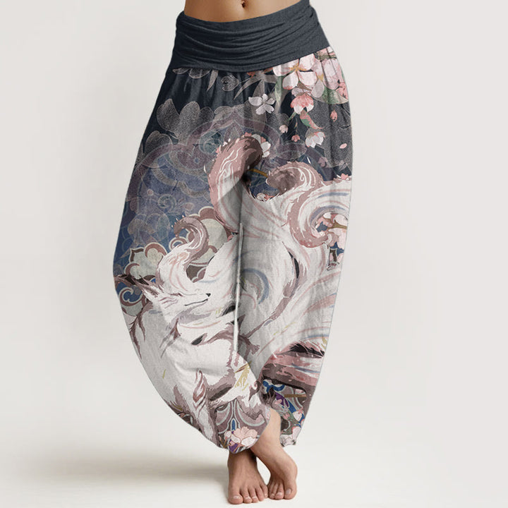 Buddha Stones Pure Cotton Fox Cherry Blossoms Women's Elastic Waist Harem Pants