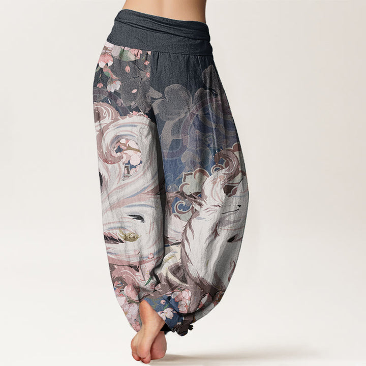 Buddha Stones Pure Cotton Fox Cherry Blossoms Women's Elastic Waist Harem Pants