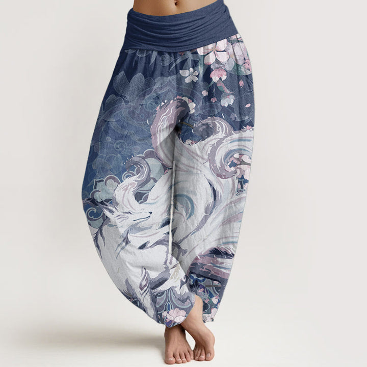 Buddha Stones Pure Cotton Fox Cherry Blossoms Women's Elastic Waist Harem Pants
