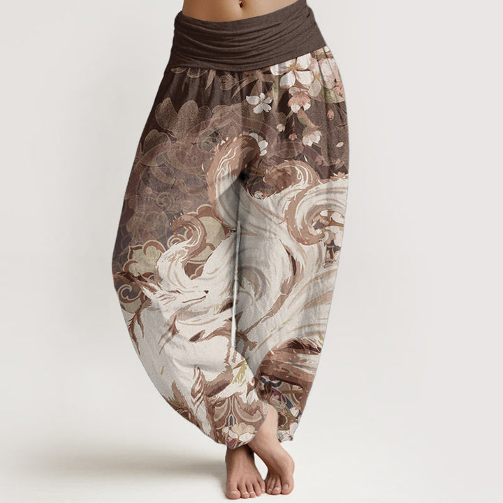 Buddha Stones Pure Cotton Fox Cherry Blossoms Women's Elastic Waist Harem Pants