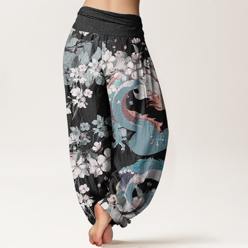 Buddha Stones Pure Cotton Casual Dragon Cherry Blossoms Women's Elastic Waist Harem Pants
