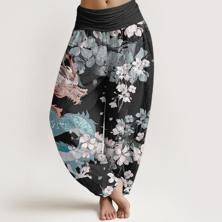 Buddha Stones Pure Cotton Casual Dragon Cherry Blossoms Women's Elastic Waist Harem Pants