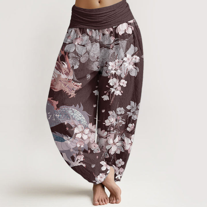 Buddha Stones Pure Cotton Casual Dragon Cherry Blossoms Women's Elastic Waist Harem Pants