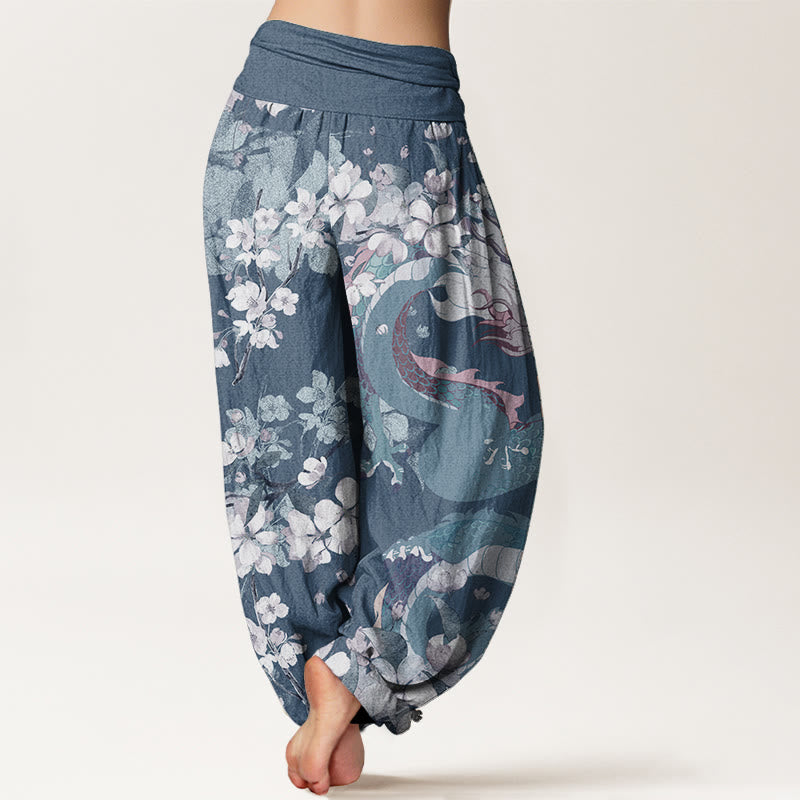 Buddha Stones Pure Cotton Casual Dragon Cherry Blossoms Women's Elastic Waist Harem Pants