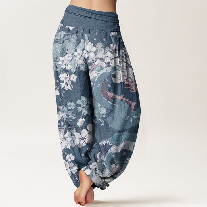 Buddha Stones Pure Cotton Casual Dragon Cherry Blossoms Women's Elastic Waist Harem Pants