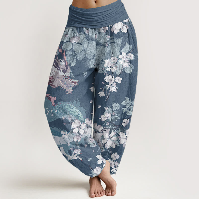 Buddha Stones Pure Cotton Casual Dragon Cherry Blossoms Women's Elastic Waist Harem Pants