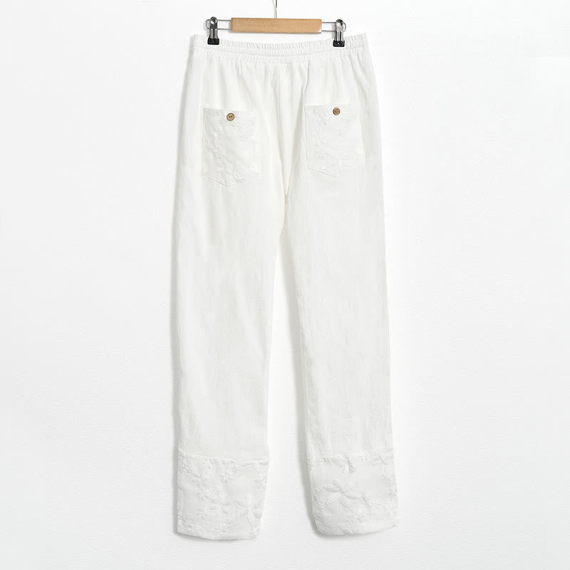 Buddha Stones White Lace Patchwork Design Women's Cotton Linen Pants With Pockets