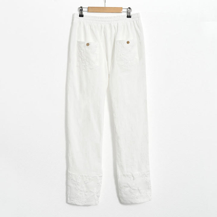 Buddha Stones White Lace Patchwork Design Women's Cotton Linen Pants With Pockets