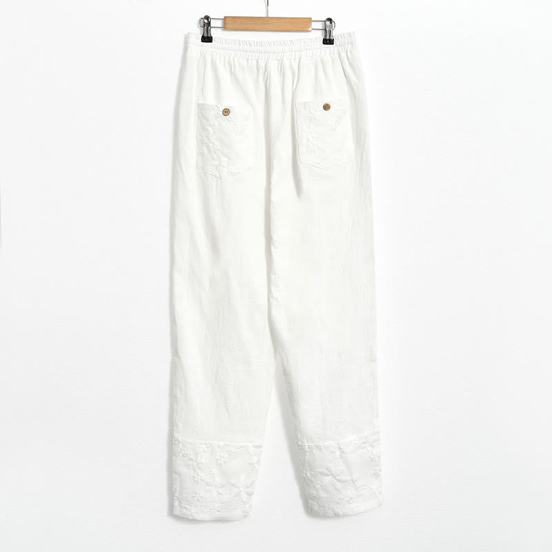 Buddha Stones White Lace Patchwork Design Women's Cotton Linen Pants With Pockets