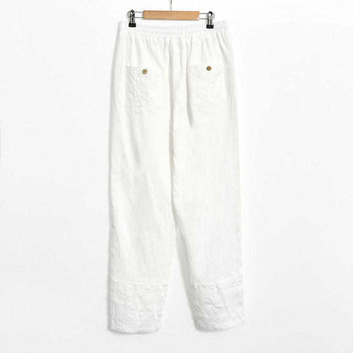 Buddha Stones White Lace Patchwork Design Women's Cotton Linen Pants With Pockets