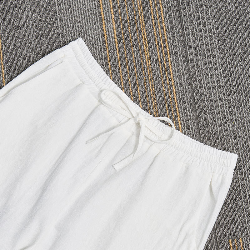 Buddha Stones White Lace Patchwork Design Women's Cotton Linen Pants With Pockets