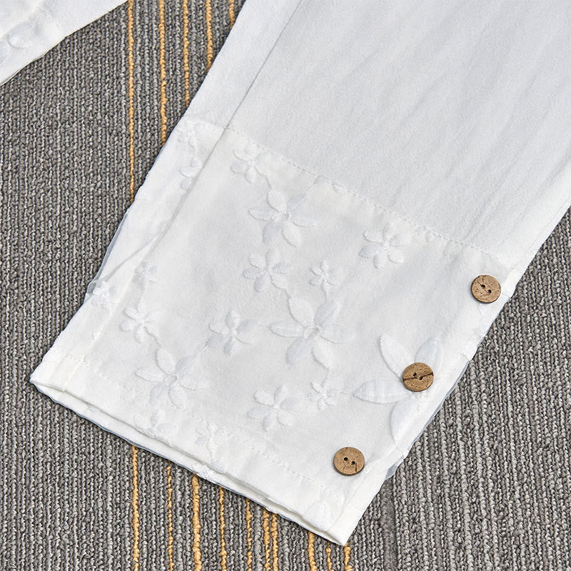 Buddha Stones White Lace Patchwork Design Women's Cotton Linen Pants With Pockets