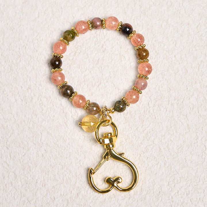 Buddha Stones Natural Strawberry Quartz Crystal Beads Positive Key Chain Phone Hanging Decoration