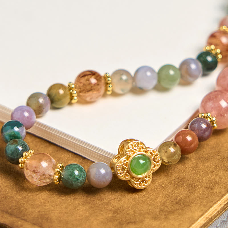 Buddha Stones Natural Tourmaline Strawberry Quartz Amethyst Positive Key Chain Phone Hanging Decoration