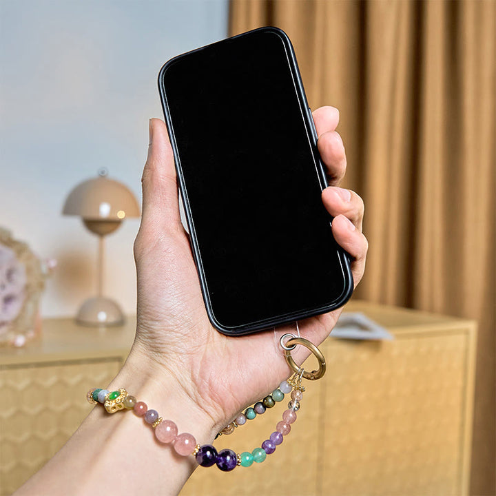 Buddha Stones Natural Tourmaline Strawberry Quartz Amethyst Positive Key Chain Phone Hanging Decoration