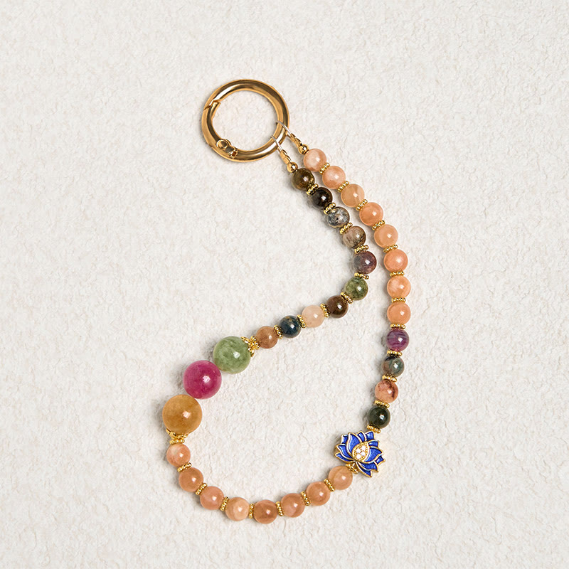 Buddha Stones Tourmaline Sun Stone Lotus Positive Key Chain Phone Hanging Decoration