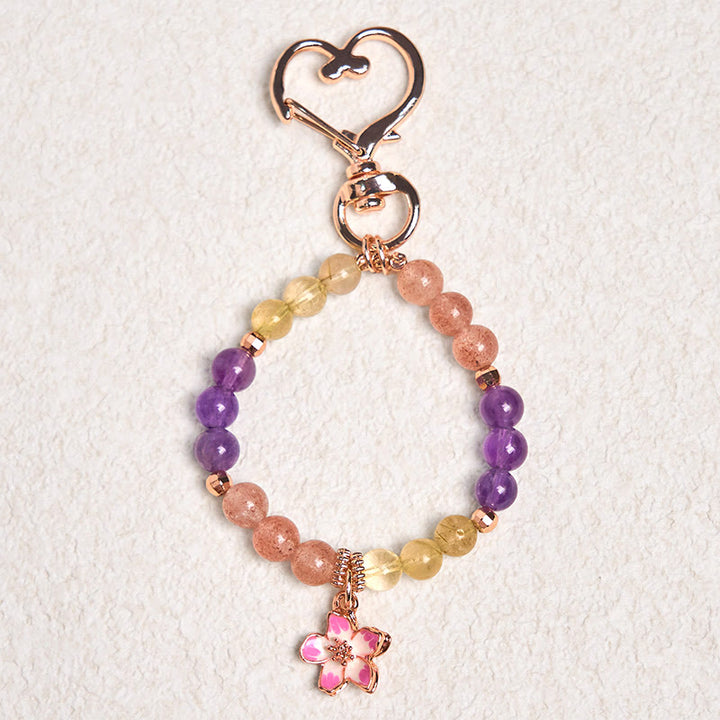 Buddha Stones Natural Strawberry Quartz Amethyst Citrine Love Flower Charm Key Chain Hanging Decoration