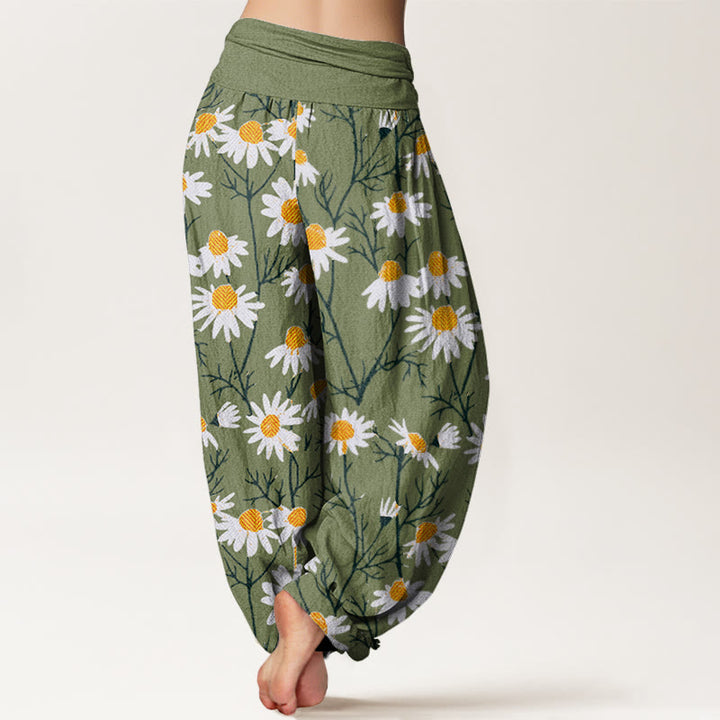 Buddha Stones White Petals Daisy Pattern Women's Elastic Waist Harem Pants - image 2