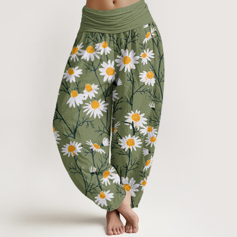 Buddha Stones White Petals Daisy Pattern Women's Elastic Waist Harem Pants - LimeGreen - US22,UK/AU26,EU54 (6XL) - image 1