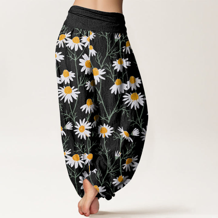 Buddha Stones White Petals Daisy Pattern Women's Elastic Waist Harem Pants - image 6