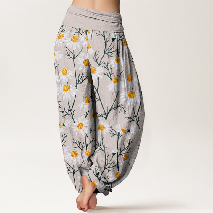Buddha Stones White Petals Daisy Pattern Women's Elastic Waist Harem Pants - image 9