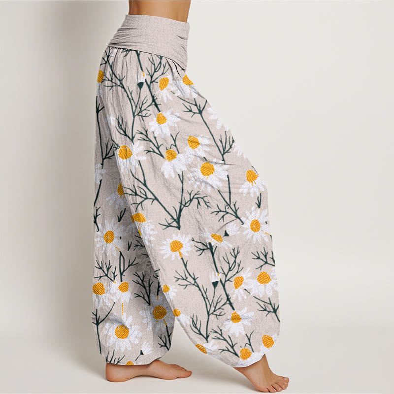 Buddha Stones White Petals Daisy Pattern Women's Elastic Waist Harem Pants - image 10