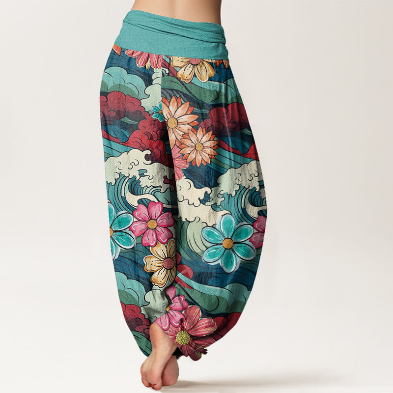 Buddha Stones Colorful Ocean Wave Various Flower Pattern Women's Elastic Waist Harem Pants - image 2