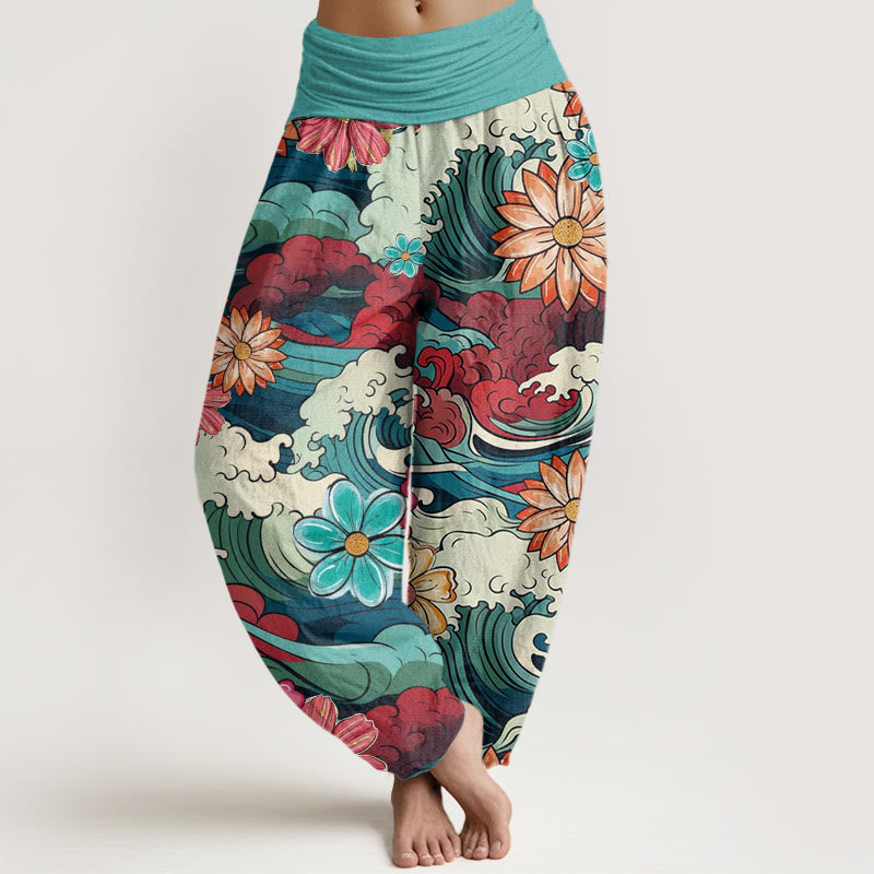 Buddha Stones Colorful Ocean Wave Various Flower Pattern Women's Elastic Waist Harem Pants - MediumTurquoise - US22,UK/AU26,EU54 (6XL) - image 1