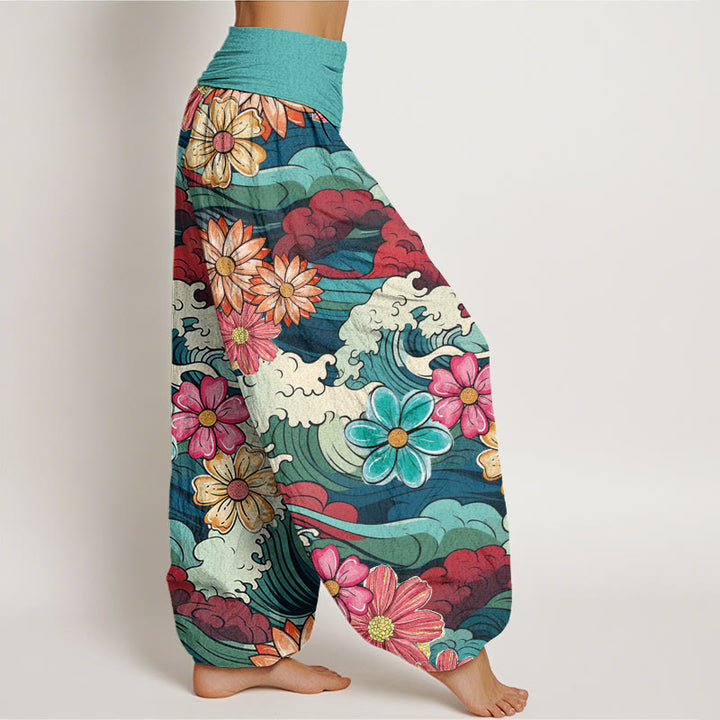 Buddha Stones Colorful Ocean Wave Various Flower Pattern Women's Elastic Waist Harem Pants - image 3