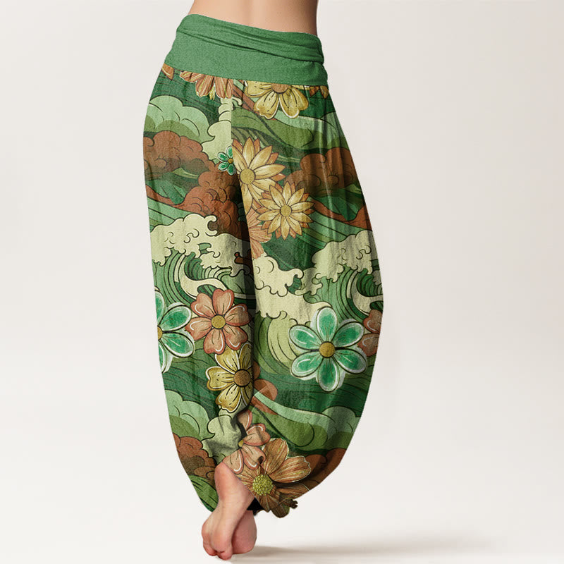 Buddha Stones Colorful Ocean Wave Various Flower Pattern Women's Elastic Waist Harem Pants - image 6